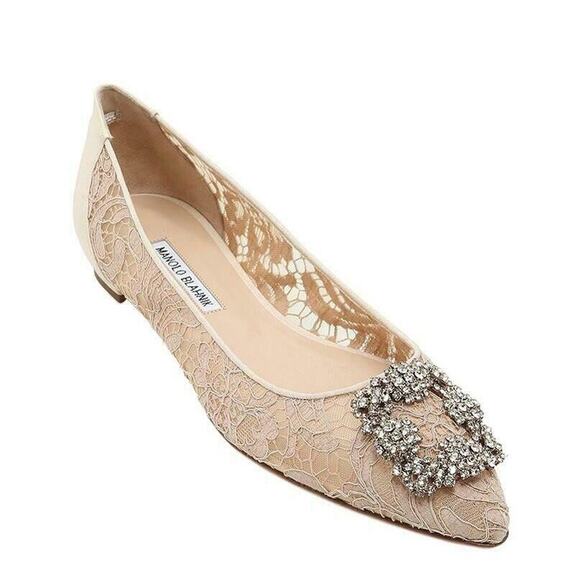 Manolo Blahnik Hangisi Flat Nude Lace Crystal Jewel Buckle Ballerina Ballet 35 - Picture 3 of 12